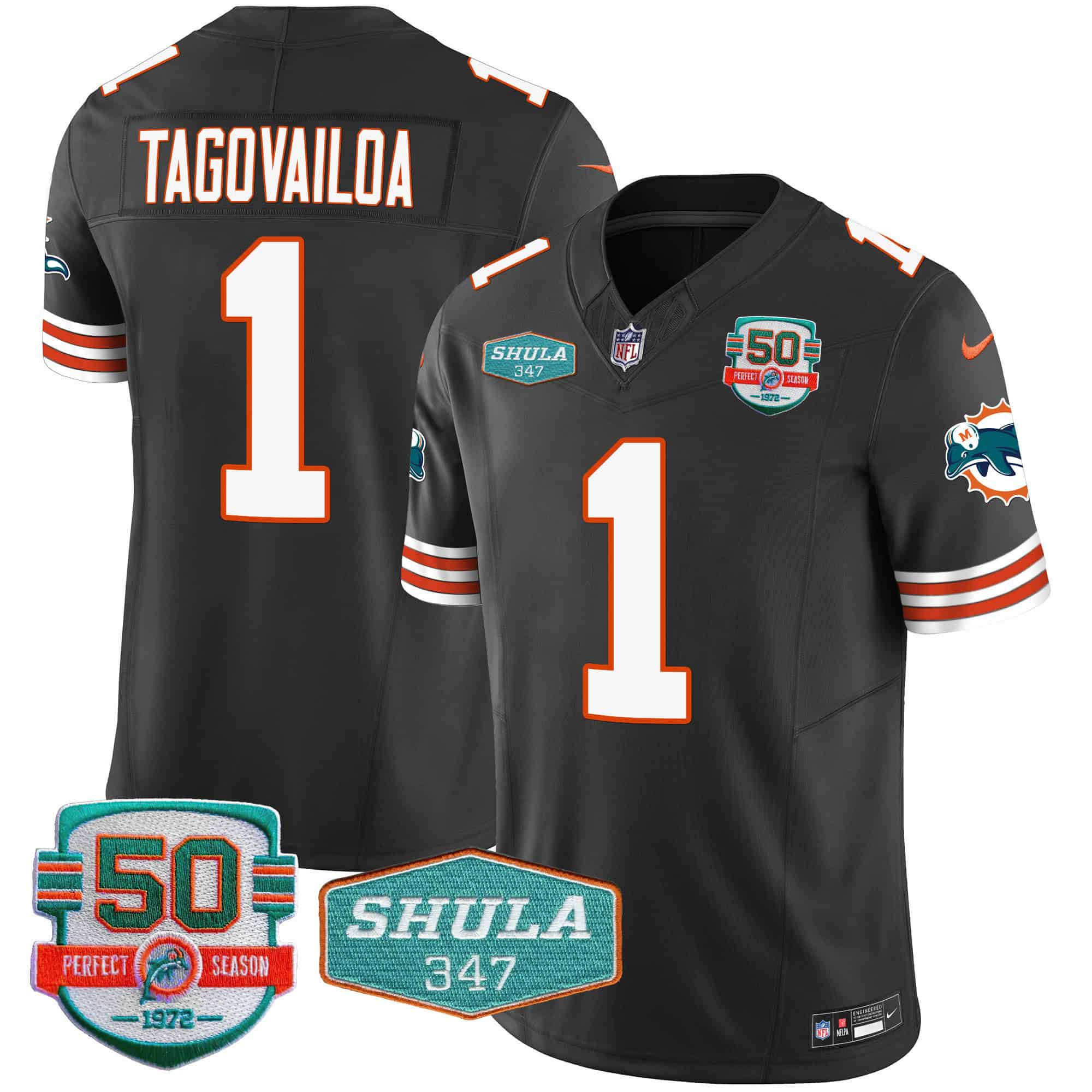 Men Miami Dolphins #1 Tagovailoa Black 2024 Nike Throwback Shula 347 Patch Vapor NFL Jersey style 1